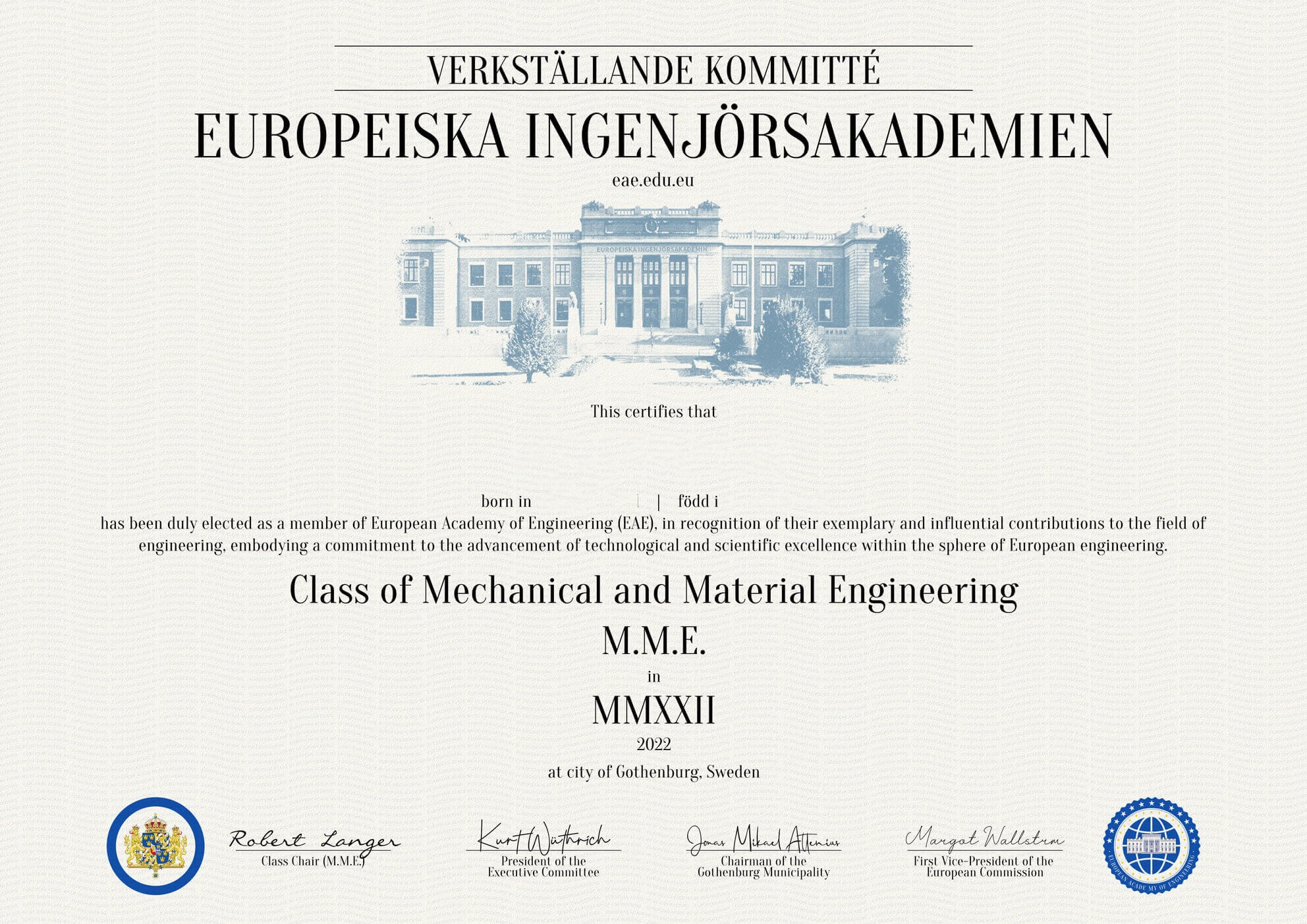 European Academy of Engineering Official Letter of Certification