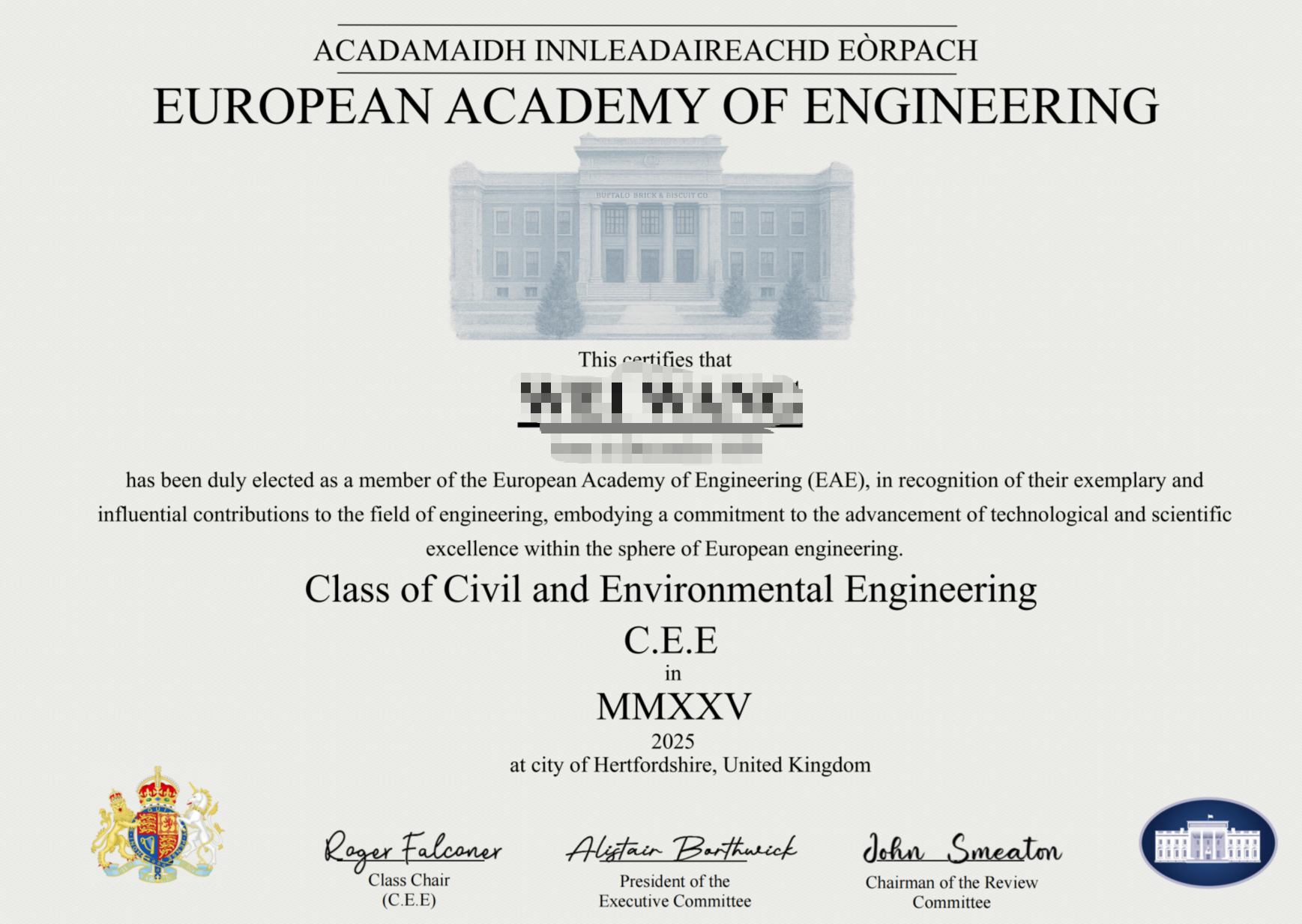 European Academy of Engineering Official Letter of Certification